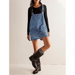 NEW Womens Casual Denim Overalls Dress, Adjustable Strap Mini Jean Pocket Dress